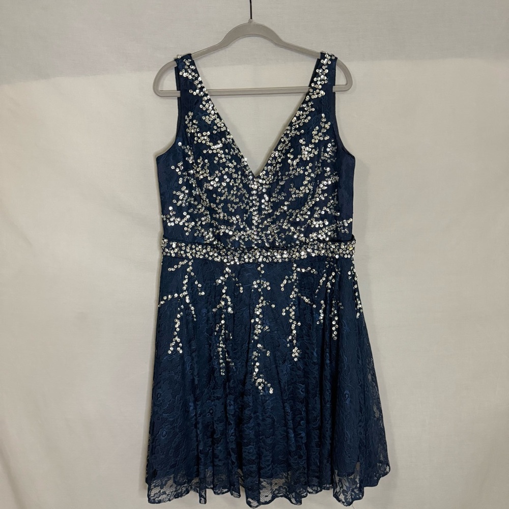 Navy Blue Lace‎ Fit And Flare Dress Silver Sequins Size XL Party Cocktail Glam